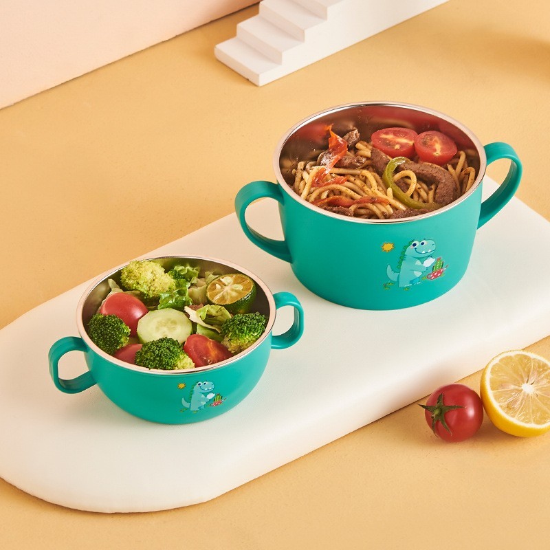 新款小恐龙饭碗宝宝吃饭辅食碗316不锈钢儿童碗保温碗带勺子餐具图4