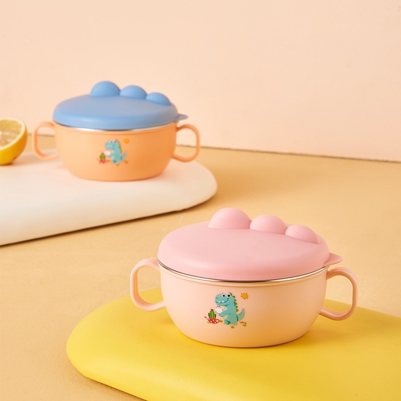 新款小恐龙饭碗宝宝吃饭辅食碗316不锈钢儿童碗保温碗带勺子餐具图5