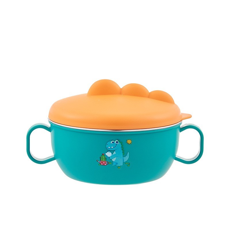 新款小恐龙饭碗宝宝吃饭辅食碗316不锈钢儿童碗保温碗带勺子餐具图2