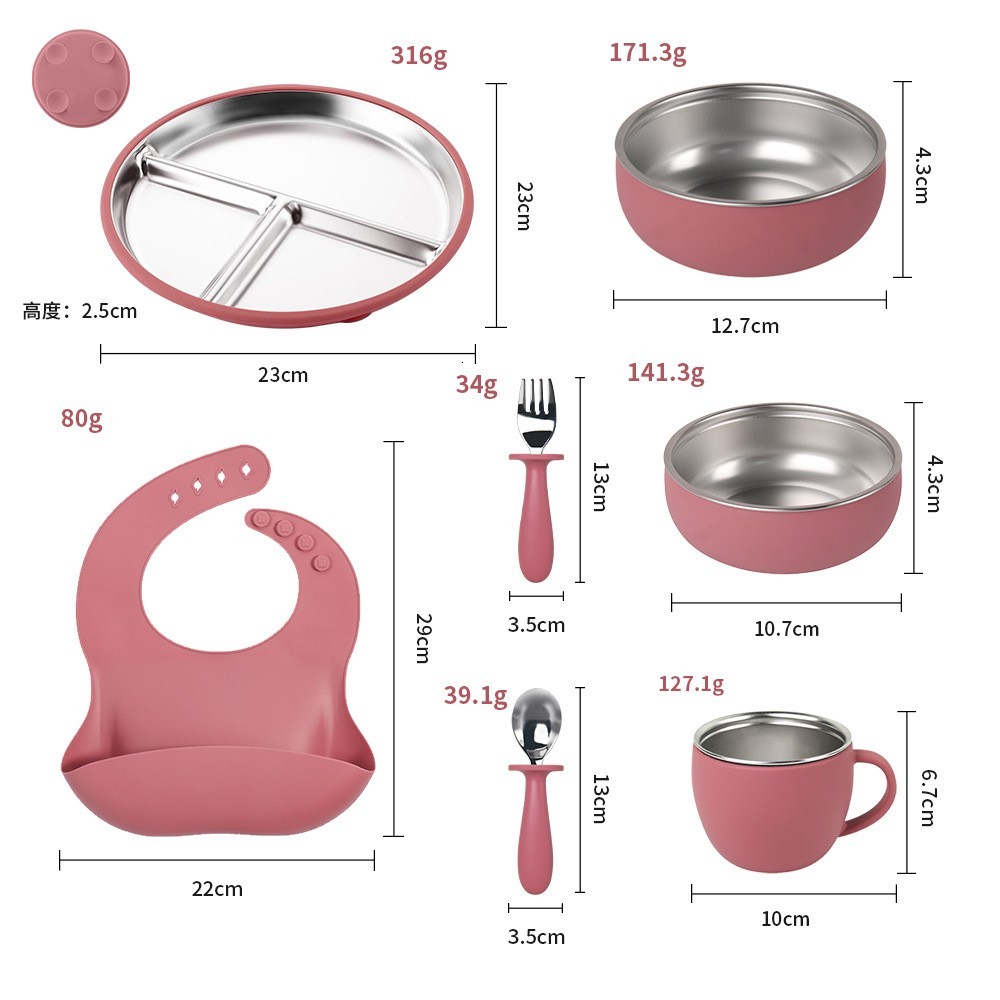 新品亚马训硅胶304不锈钢餐盘带吸盘套装儿童silicone喂养餐具图4