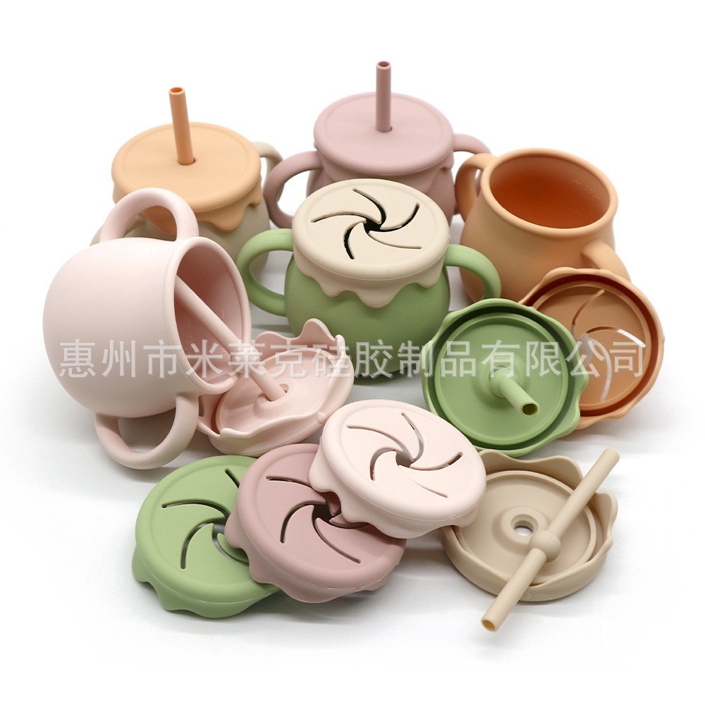 跨境ins风撞色儿童吸管杯二合一带手柄硅胶零食杯宝宝学饮杯图2