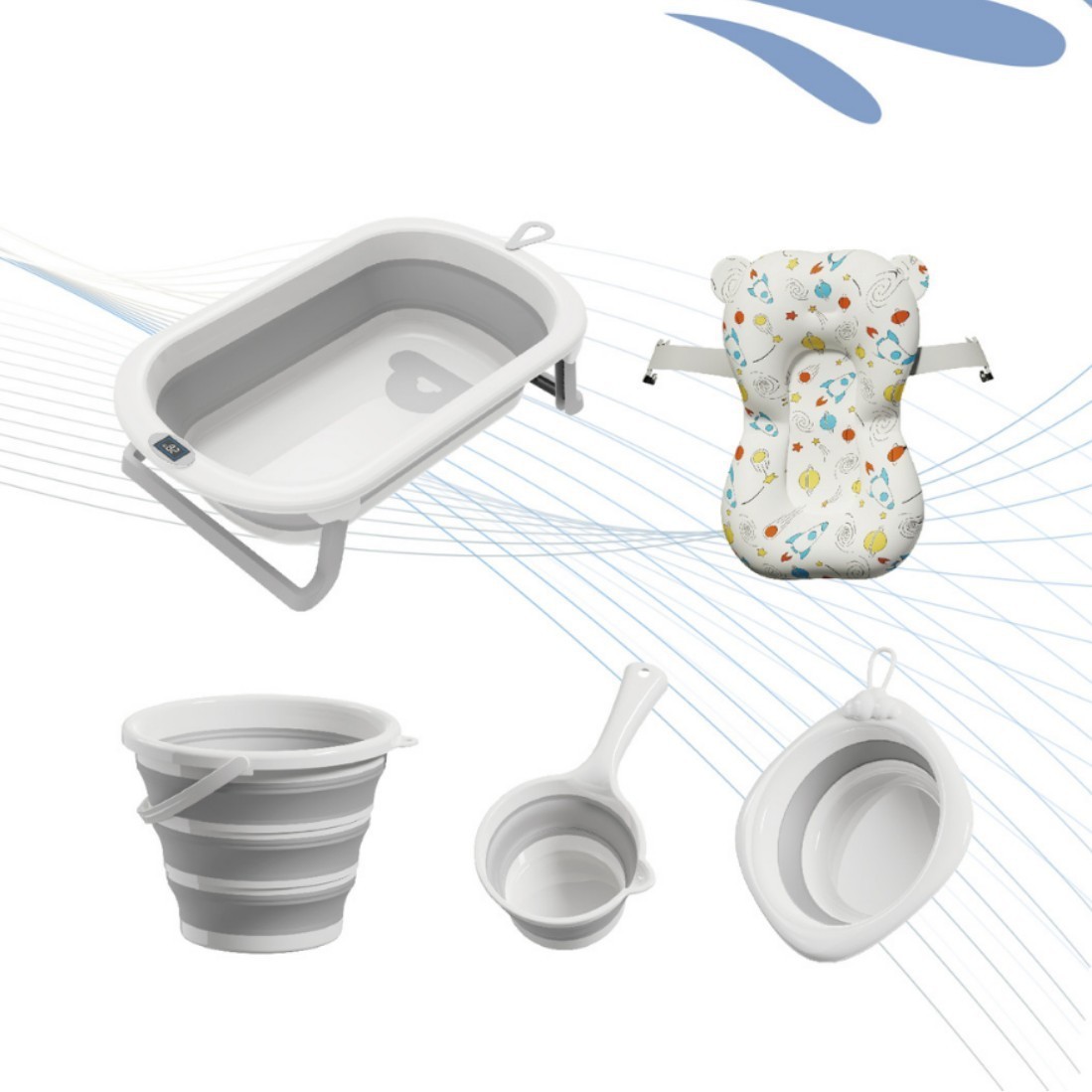 洗澡盆浴盆宝宝可折叠幼儿坐躺大号浴桶小孩家用儿童浴盆6件套