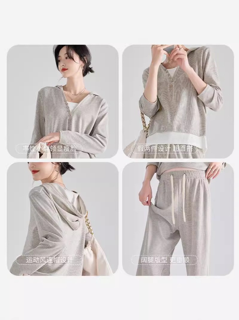 孕妇装时尚休闲运动套装秋冬连帽宽松慵懒风阔腿裤两件套日韩休闲图2