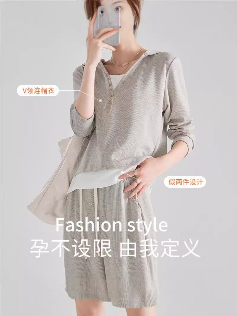 孕妇装时尚休闲运动套装秋冬连帽宽松慵懒风阔腿裤两件套日韩休闲图4