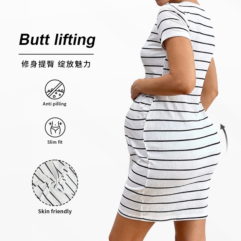 跨境欧美新款秋季孕妇连衣裙条纹收腰系带蝴蝶结休闲时尚孕妇连衣图2