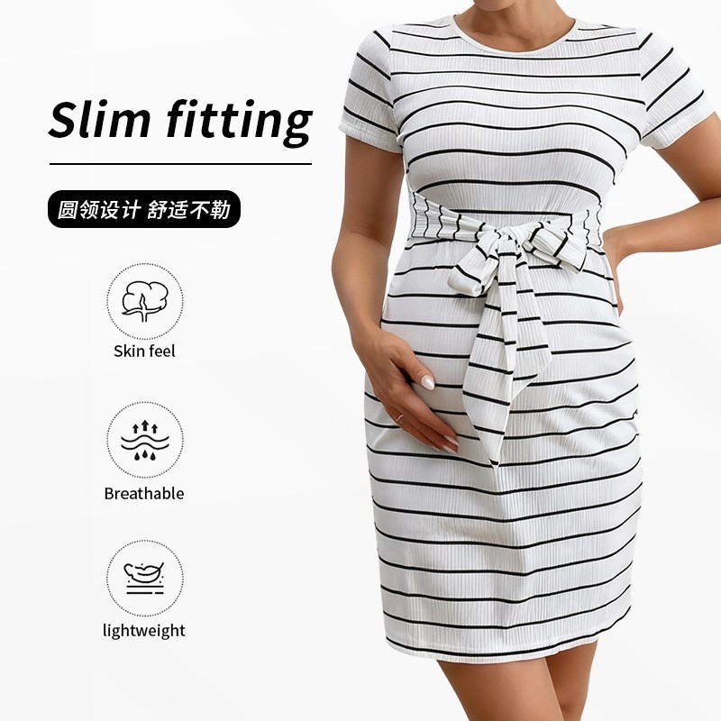 跨境欧美新款秋季孕妇连衣裙条纹收腰系带蝴蝶结休闲时尚孕妇连衣图4