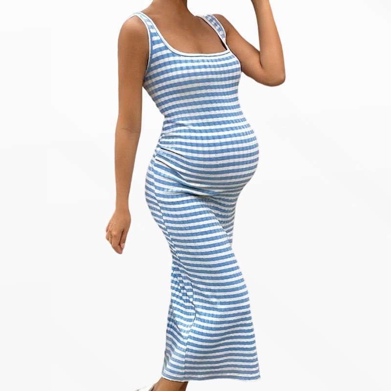 欧美跨境女装夏季修身性感方领条纹侧开叉无袖包臀孕妇连衣裙图3