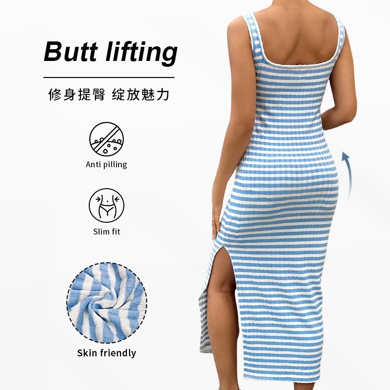 欧美跨境女装夏季修身性感方领条纹侧开叉无袖包臀孕妇连衣裙图2
