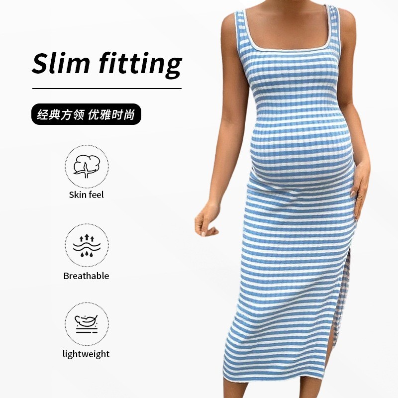 欧美跨境女装夏季修身性感方领条纹侧开叉无袖包臀孕妇连衣裙图4