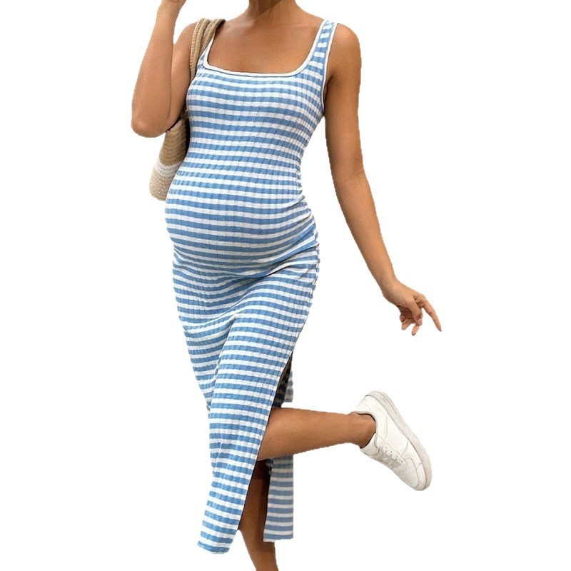 欧美跨境女装夏季修身性感方领条纹侧开叉无袖包臀孕妇连衣裙图5