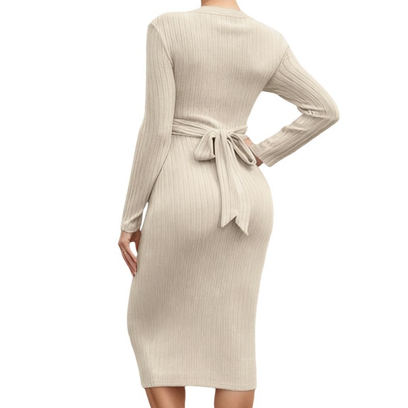 欧美跨境孕妈修身连衣裙秋冬羊羔毛亚马逊长袖长裙绑带孕妇裙子女图4