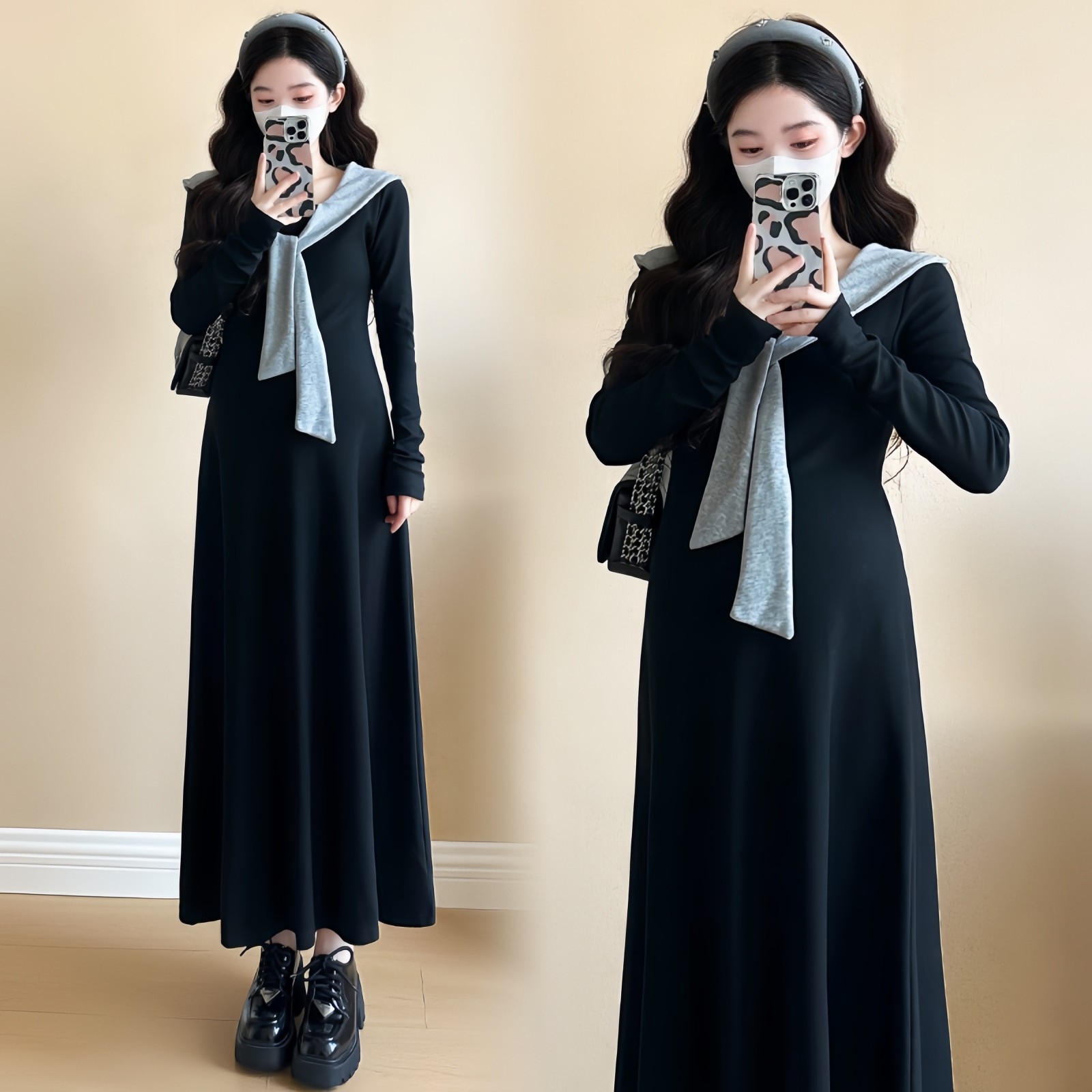 欧美跨境孕妇无袖高领连衣裙纯色紧身弹性收褶长裙孕期优雅修身裙图2