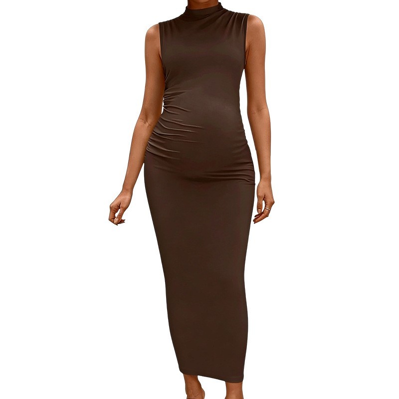 欧美跨境孕妇无袖高领连衣裙纯色紧身弹性收褶长裙孕期优雅修身裙图5