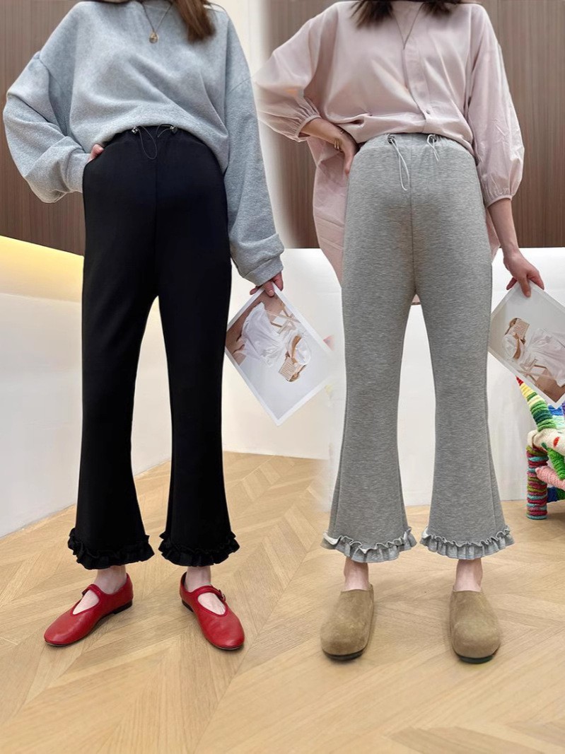 春夏新款孕妇无托腹高腰显瘦木耳边微喇休闲修身荷叶边烟管裤图4