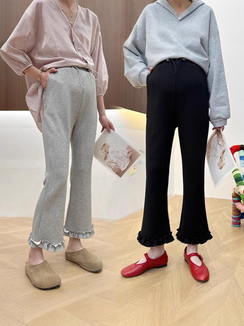 春夏新款孕妇无托腹高腰显瘦木耳边微喇休闲修身荷叶边烟管裤图3