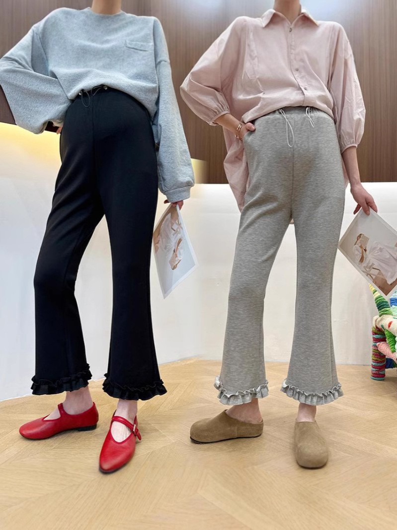 春夏新款孕妇无托腹高腰显瘦木耳边微喇休闲修身荷叶边烟管裤图2