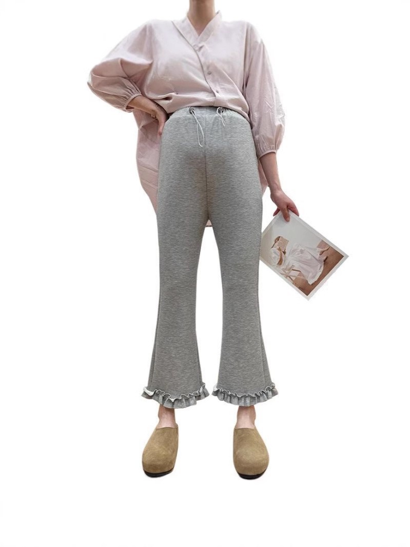 春夏新款孕妇无托腹高腰显瘦木耳边微喇休闲修身荷叶边烟管裤图5