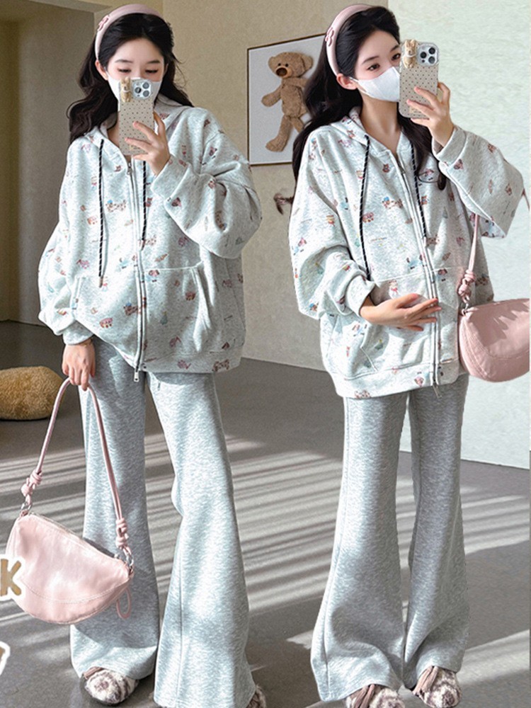 孕妇装2025秋冬新款韩版宽松连帽卡通小狗印花卫衣开衫慵懒风外套