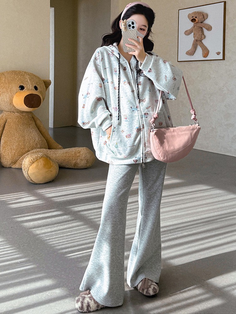 孕妇装2025秋冬新款韩版宽松连帽卡通小狗印花卫衣开衫慵懒风外套图2