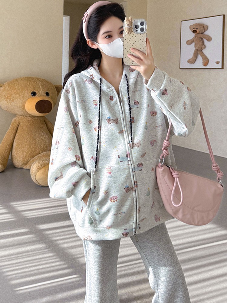 孕妇装2025秋冬新款韩版宽松连帽卡通小狗印花卫衣开衫慵懒风外套图4