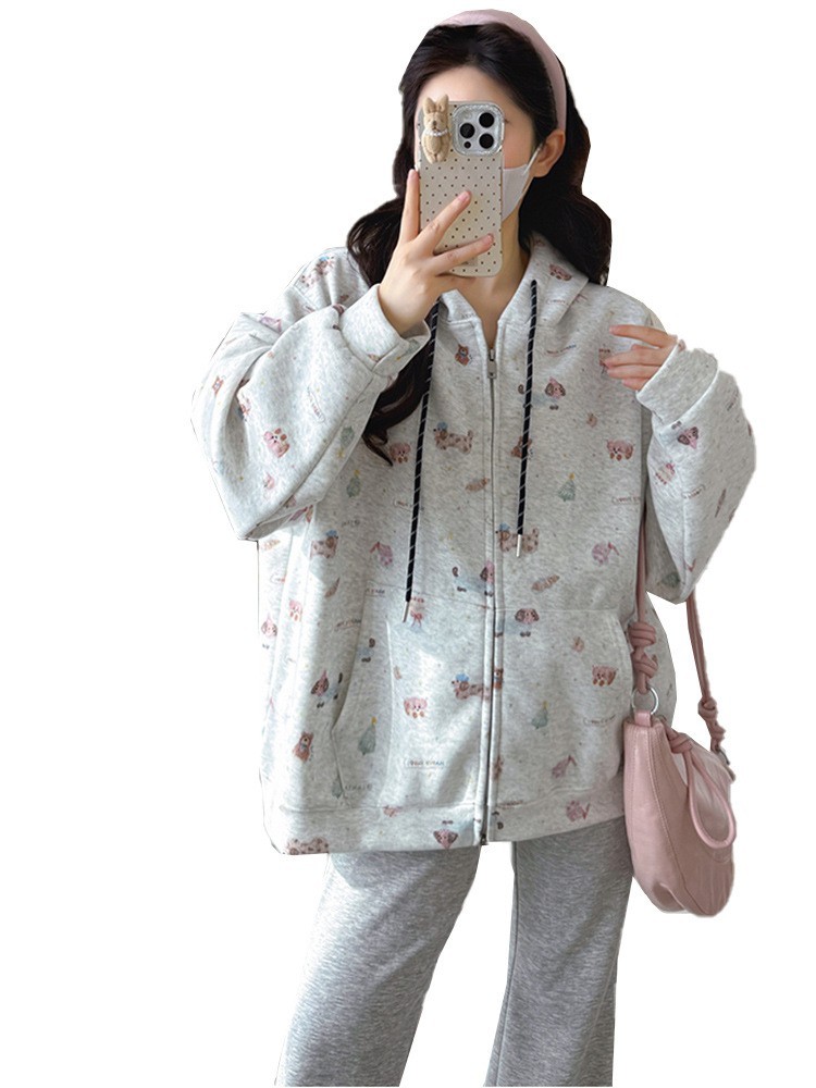 孕妇装2025秋冬新款韩版宽松连帽卡通小狗印花卫衣开衫慵懒风外套图5