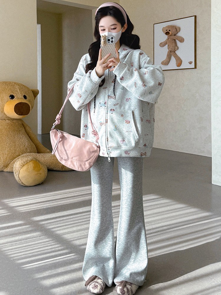 孕妇装2025秋冬新款韩版宽松连帽卡通小狗印花卫衣开衫慵懒风外套图3