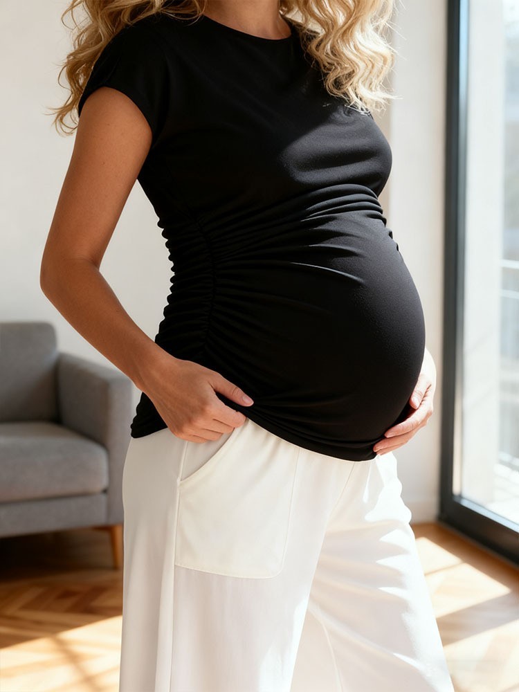 加工定制春夏新款孕妇短袖侧褶皱T恤上衣后背镂空上班通勤打底衣