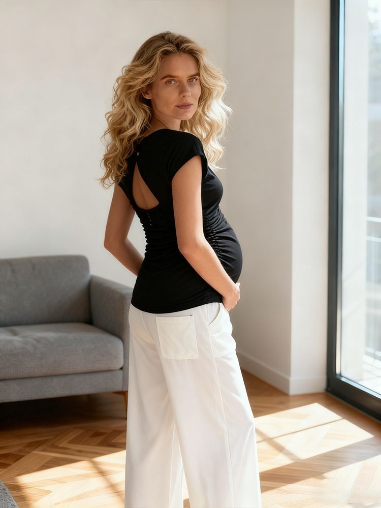 加工定制春夏新款孕妇短袖侧褶皱T恤上衣后背镂空上班通勤打底衣图2