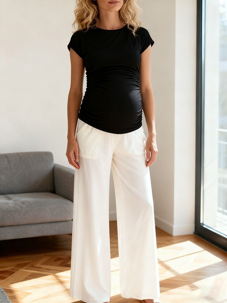 加工定制春夏新款孕妇短袖侧褶皱T恤上衣后背镂空上班通勤打底衣图4