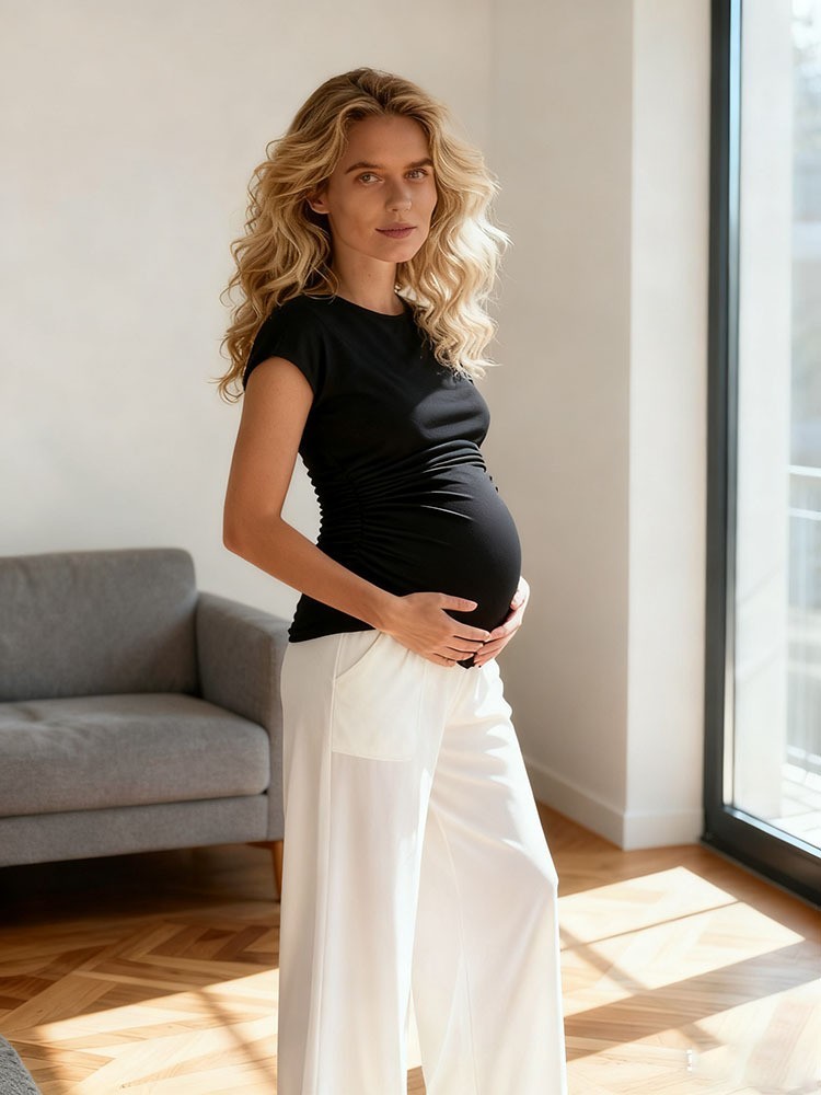 加工定制春夏新款孕妇短袖侧褶皱T恤上衣后背镂空上班通勤打底衣图3