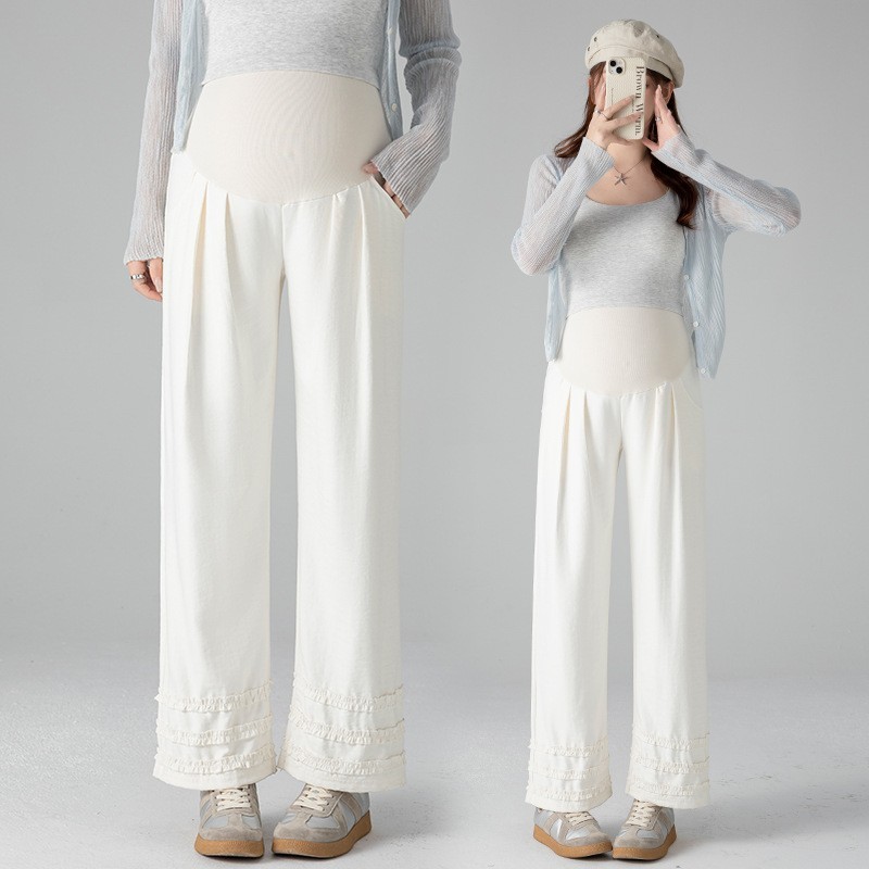 孕妇九分裤2026春夏新品高腰托腹拼花边设计感泡芙奶奶阔腿裤外穿