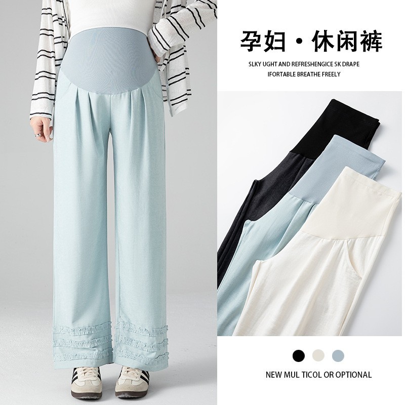孕妇九分裤2026春夏新品高腰托腹拼花边设计感泡芙奶奶阔腿裤外穿图5