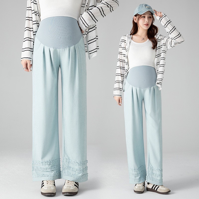 孕妇九分裤2026春夏新品高腰托腹拼花边设计感泡芙奶奶阔腿裤外穿图3