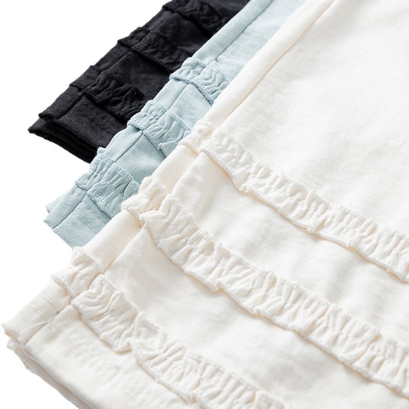 孕妇九分裤2026春夏新品高腰托腹拼花边设计感泡芙奶奶阔腿裤外穿图2