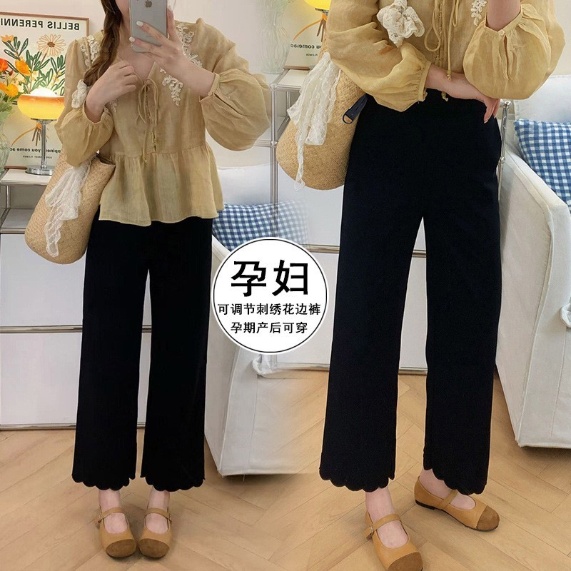 孕妇黑色花边休闲裤小个子春夏季2026新款刺绣显瘦弹力直筒裤子