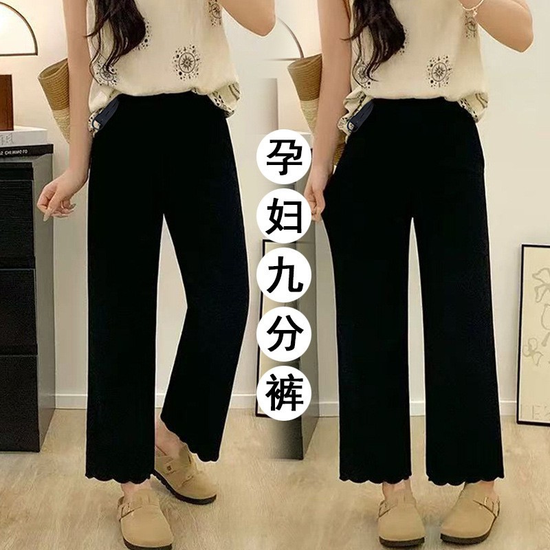 孕妇黑色花边休闲裤小个子春夏季2026新款刺绣显瘦弹力直筒裤子图2