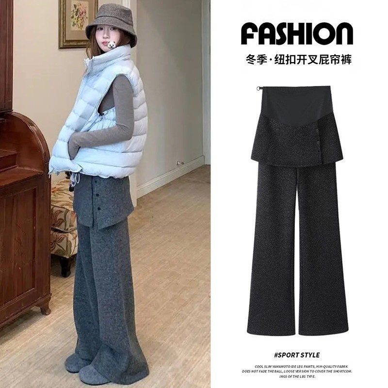 孕妇裤加绒保暖阔腿裤秋冬季2026新款时尚显瘦直筒假两件屁帘裤子