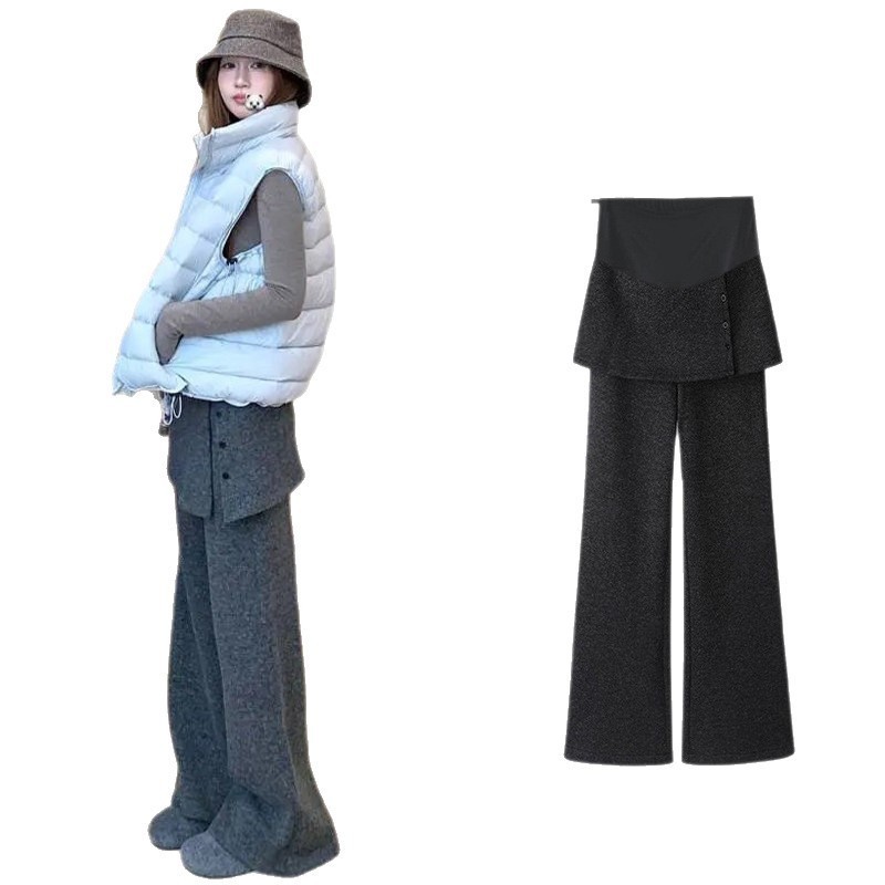 孕妇裤加绒保暖阔腿裤秋冬季2026新款时尚显瘦直筒假两件屁帘裤子图5