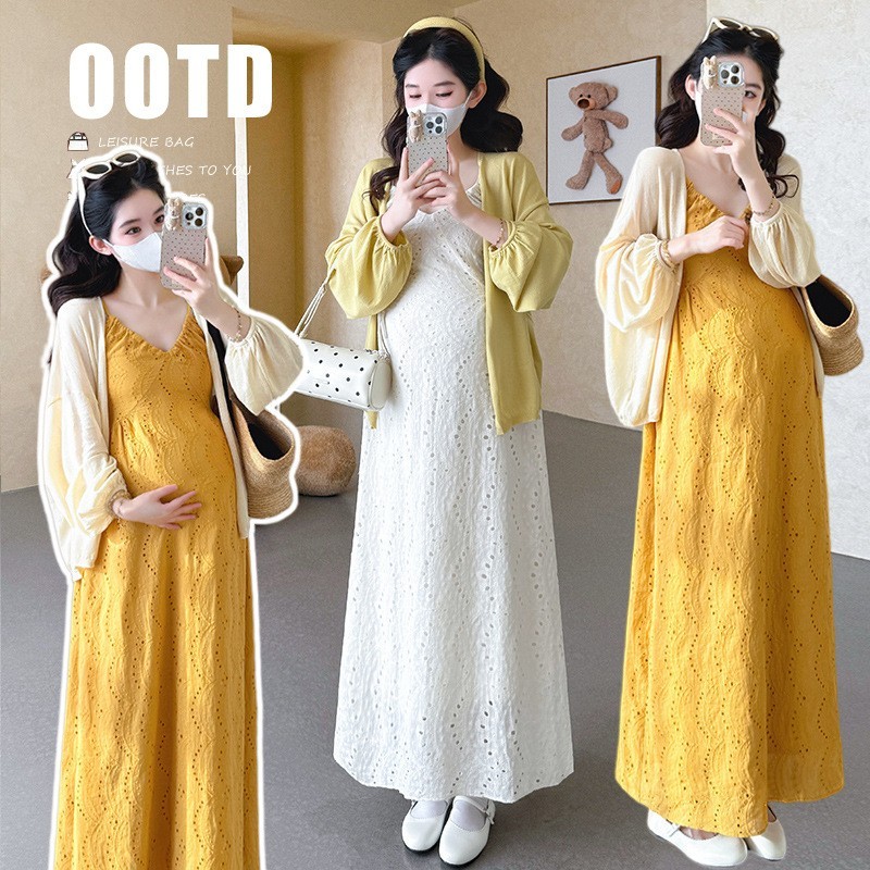 孕妇春季套装新品v领度假风连衣裙+针织开衫孕妇套装