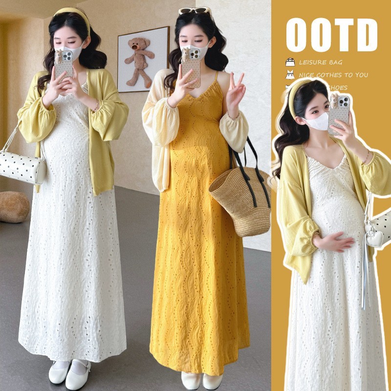 孕妇春季套装新品v领度假风连衣裙+针织开衫孕妇套装图3