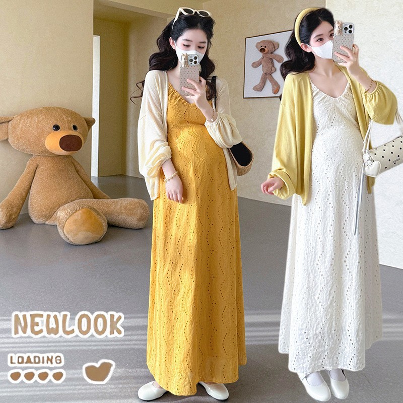 孕妇春季套装新品v领度假风连衣裙+针织开衫孕妇套装图4