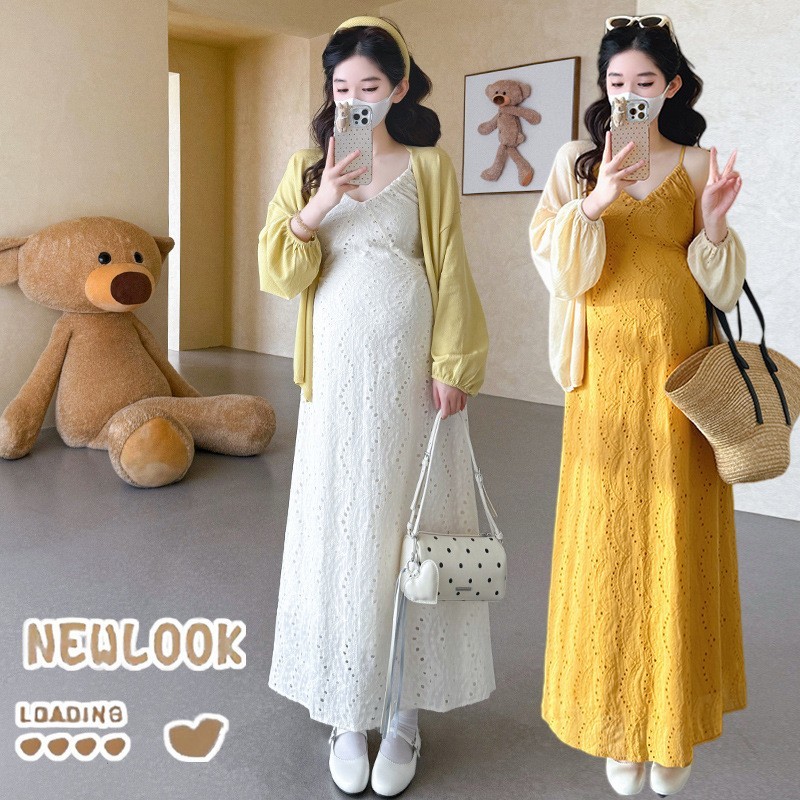 孕妇春季套装新品v领度假风连衣裙+针织开衫孕妇套装图2
