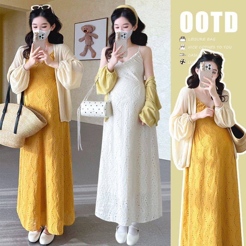 孕妇春季套装新品v领度假风连衣裙+针织开衫孕妇套装图5
