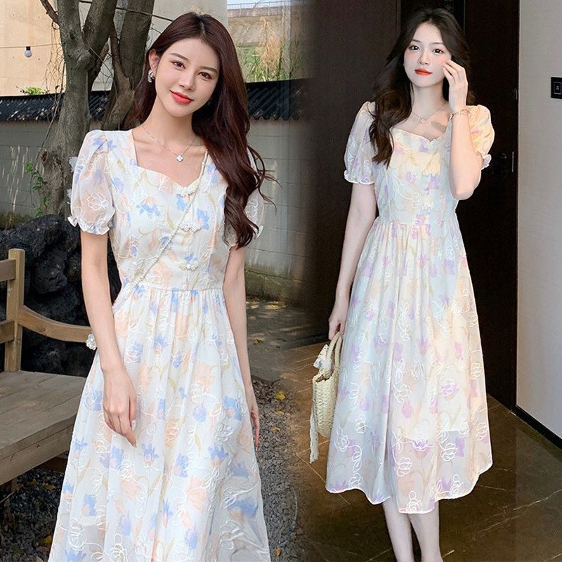哺乳衣外出连衣裙新款盘扣辣妈产后喂奶印花收腰改良旗袍裙