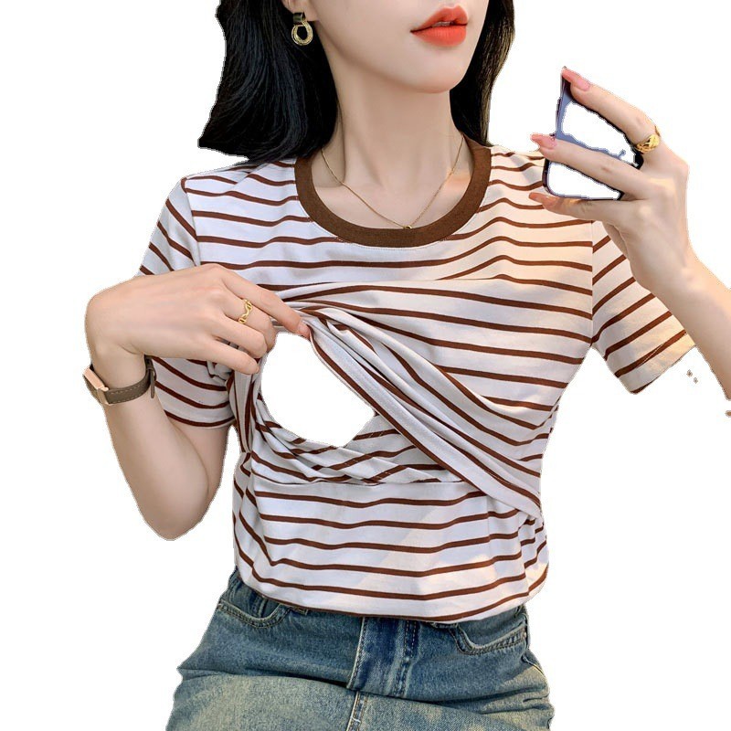 条纹哺乳T恤夏季产后辣妈月子期柔软喂奶上衣打底衫图3