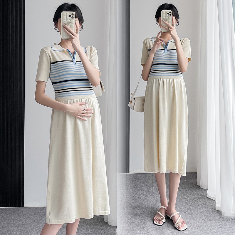 孕妇夏装新款polo领条纹针织哺乳连衣裙修身显瘦冰丝裙子孕期
