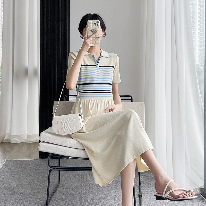 孕妇夏装新款polo领条纹针织哺乳连衣裙修身显瘦冰丝裙子孕期图5