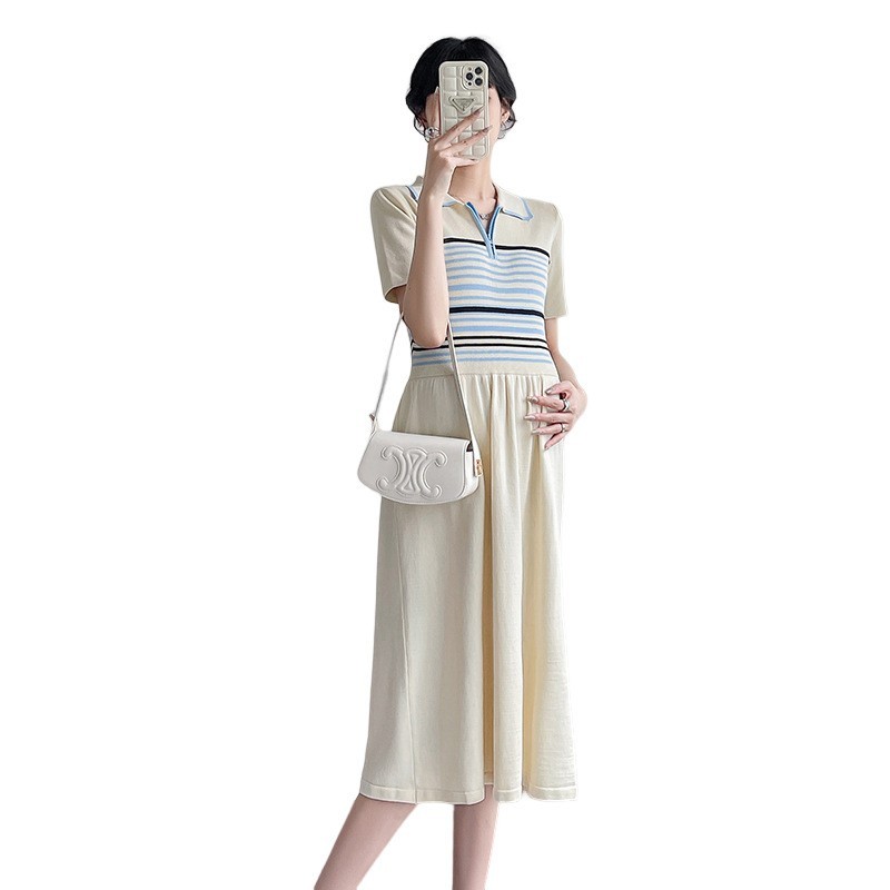 孕妇夏装新款polo领条纹针织哺乳连衣裙修身显瘦冰丝裙子孕期图3