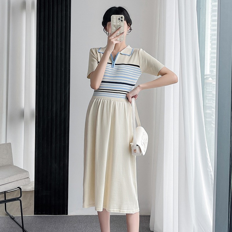 孕妇夏装新款polo领条纹针织哺乳连衣裙修身显瘦冰丝裙子孕期图4