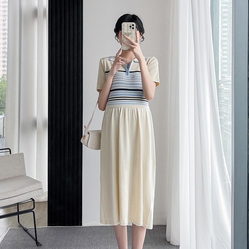 孕妇夏装新款polo领条纹针织哺乳连衣裙修身显瘦冰丝裙子孕期图2